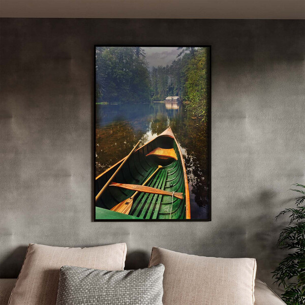 Quadro Decorativo Paisagem Canoa Em Riacho Verde Com Moldura