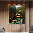 Quadro Decorativo Paisagem Canoa Em Riacho Verde Com Moldura