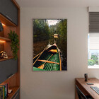 Quadro Decorativo Paisagem Canoa Em Riacho Verde Com Moldura