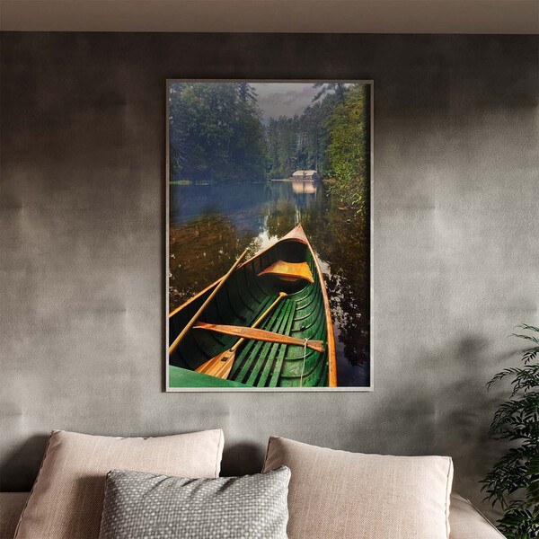 Quadro Decorativo Paisagem Canoa Em Riacho Verde Com Moldura