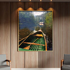 Quadro Decorativo Paisagem Canoa Em Riacho Verde Com Moldura