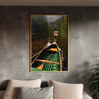 Quadro Decorativo Paisagem Canoa Em Riacho Verde Com Moldura