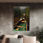 Quadro Decorativo Paisagem Canoa Em Riacho Verde Com Moldura