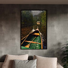 Quadro Decorativo Paisagem Canoa Em Riacho Verde Com Moldura