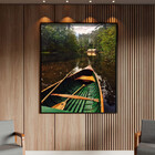Quadro Decorativo Paisagem Canoa Em Riacho Verde Com Moldura