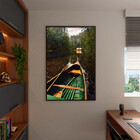 Quadro Decorativo Paisagem Canoa Em Riacho Verde Com Moldura