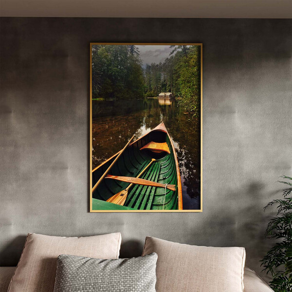 Quadro Decorativo Paisagem Canoa Em Riacho Verde Com Moldura