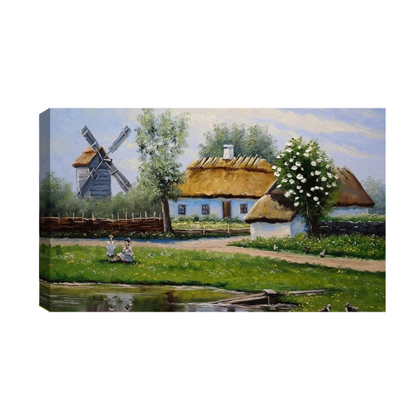 Quadro Decorativo Paisagem Casa Moinho De Vento 55x100cm