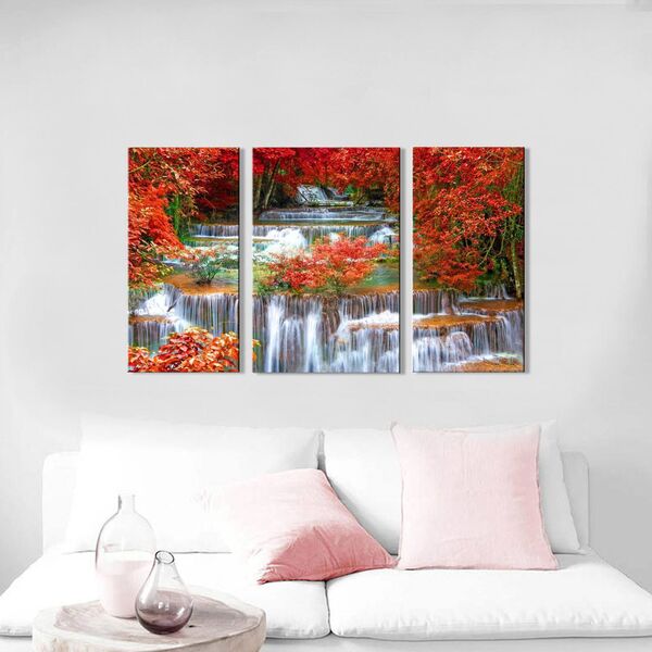 Quadro Decorativo Paisagem Cascata Na Floresta 3 Peças