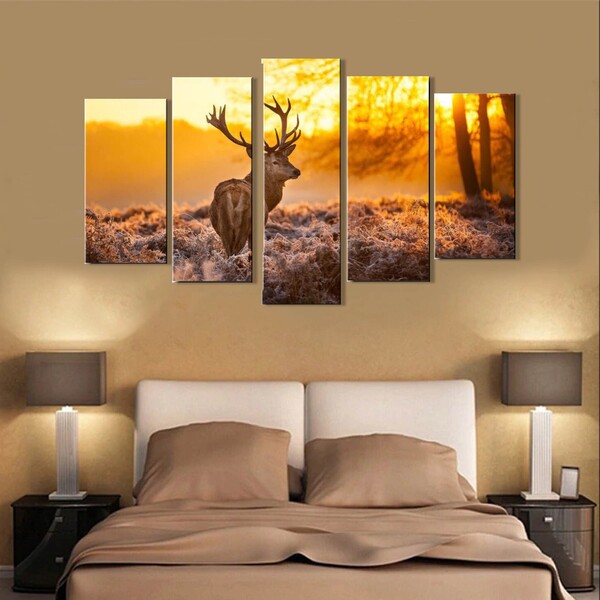 Quadro Decorativo Paisagem Cervo 5 Peças Para Sala M2
