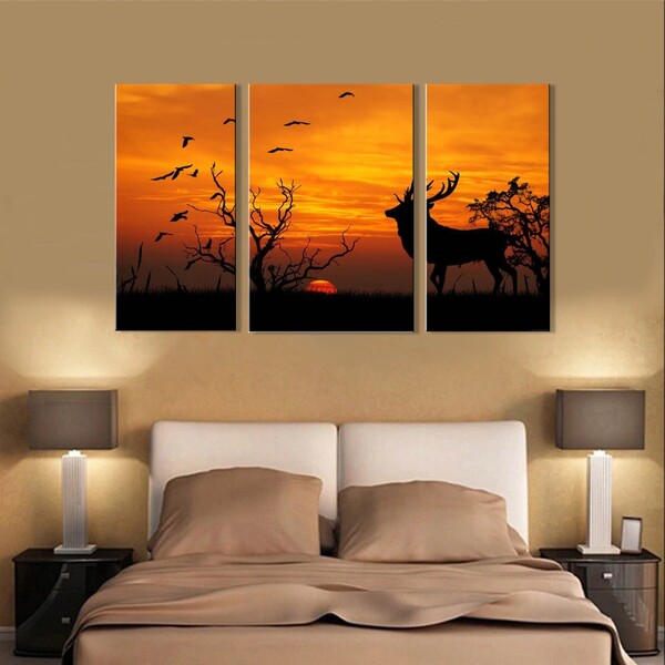 Quadro Decorativo Paisagem Cervo Por Do Sol 3 Peças