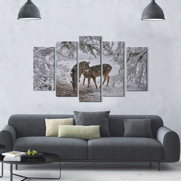 Quadro Decorativo Paisagem Cervos 5 Peças Para Sala M9