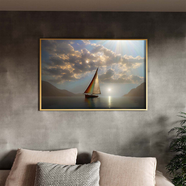 Quadro Decorativo Paisagem Destino Oceânico Com Moldura Doura