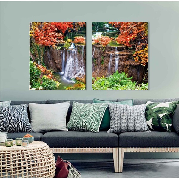 Quadro Decorativo Paisagem Floresta Com Cachoeira 2 Peças
