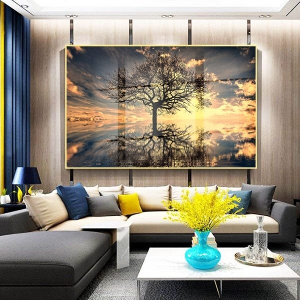 Quadro Decorativo Paisagem Grande Árvore Da Vida Com Moldura