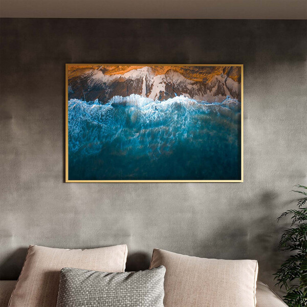 Quadro Decorativo Paisagem Mar E Pedras Com Moldura Dourada -
