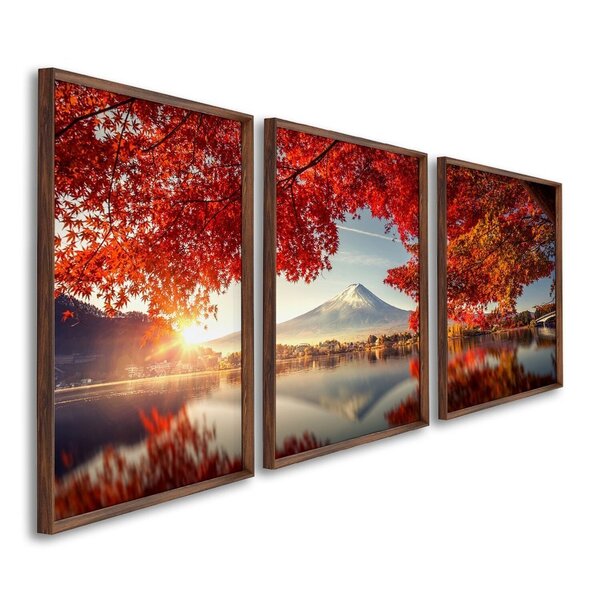 Quadro Decorativo Paisagem Montanhas E Flores Vermelhas Com 3