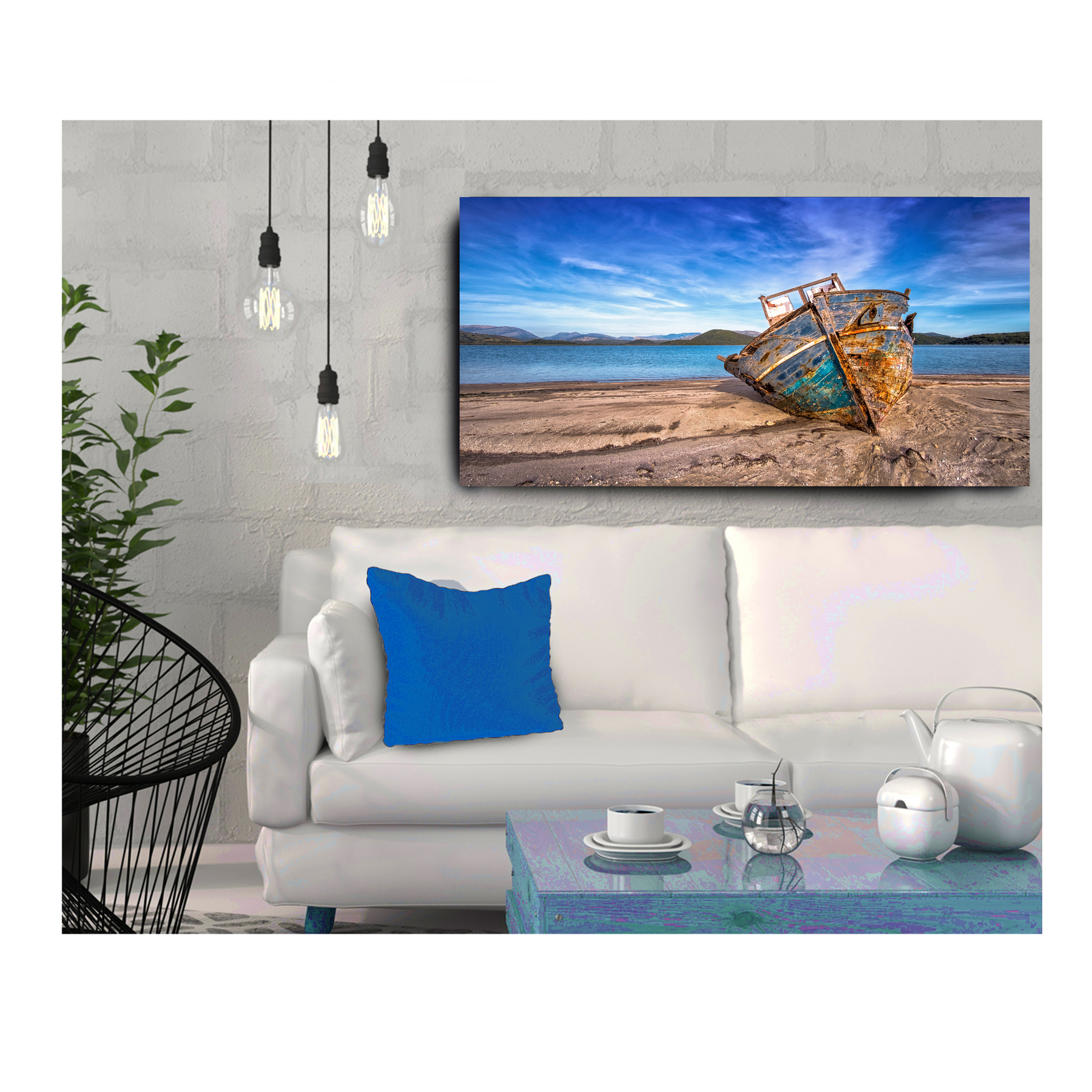 Quadro Decorativo Paisagem Praia Barco Envelhecido 55x100cm