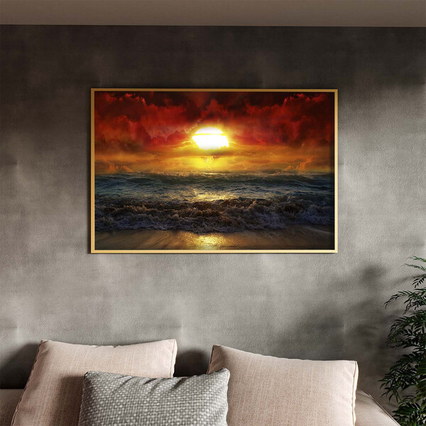 Quadro Decorativo Paisagem Sunset Beach Com Moldura Dourada -