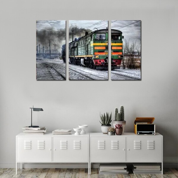 Quadro Decorativo Paisagem Trem Sobre Trilhos 3 Peças Sala