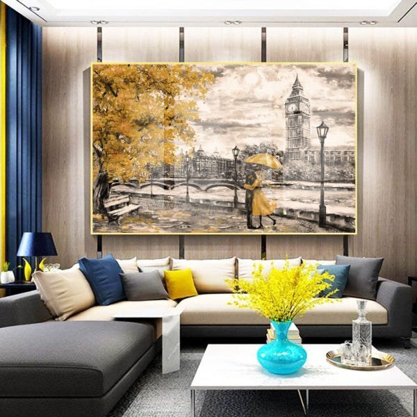 Quadro Decorativo Paisagem Umbrella Gold Com Moldura Dourada