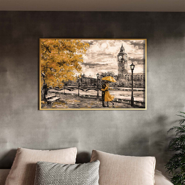 Quadro Decorativo Paisagem Umbrella Gold Com Moldura Dourada