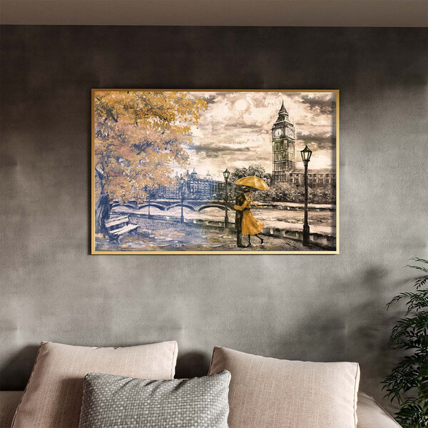 Quadro Decorativo Paisagem Umbrella Gold Com Moldura E Vidro