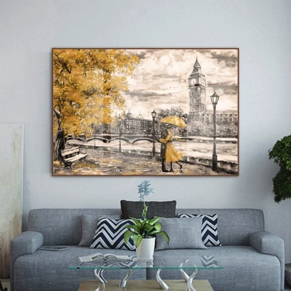 Quadro Decorativo Paisagem Umbrella Gold Com Moldura Marrom E