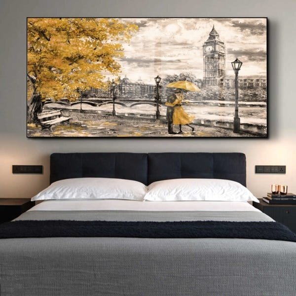 Quadro Decorativo Paisagem Umbrella Gold Com Moldura Preta E