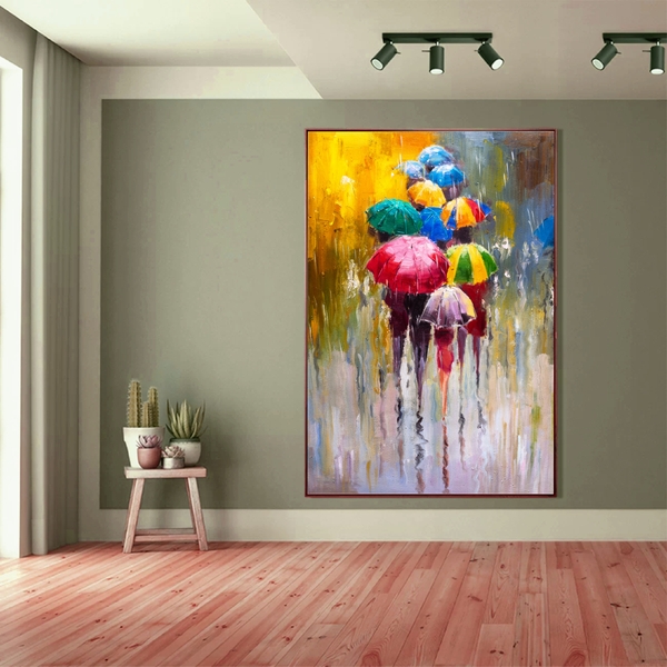 Quadro Decorativo Paisagem Umbrella Paint Com Moldura Marrom