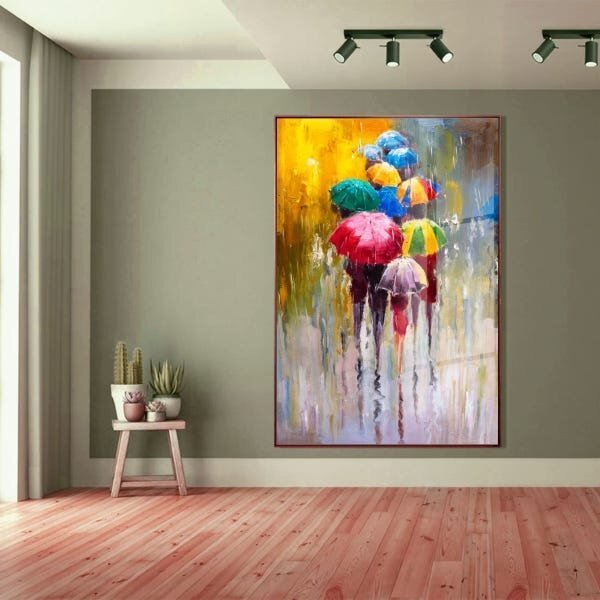 Quadro Decorativo Paisagem Umbrella Paint Com Moldura Marrom