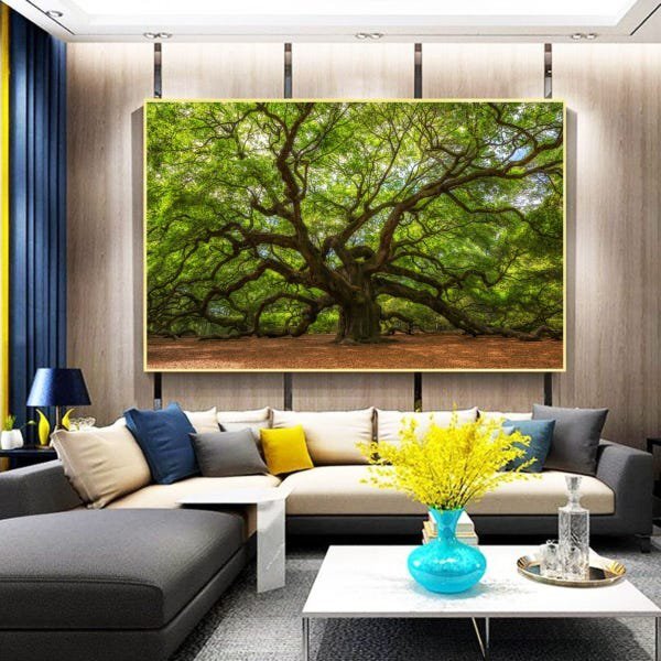 Quadro Decorativo Paisagem Velha Árvore Com Moldura Dourada 1