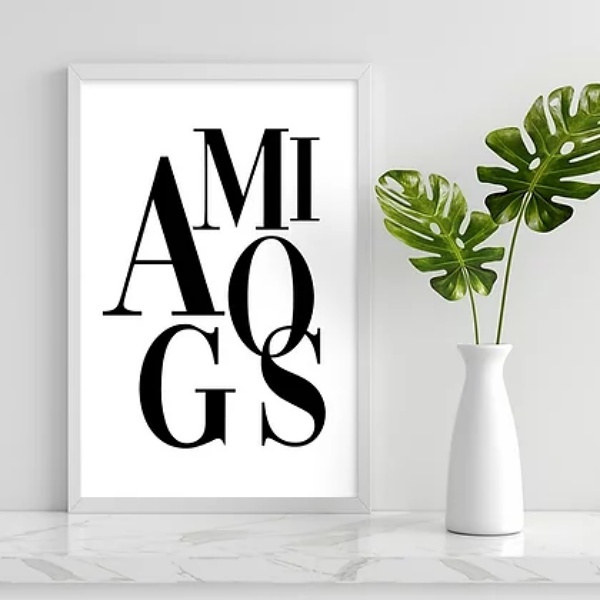 Quadro Decorativo Palavra Amigos 45x34cm - Com Vidro Moldura: