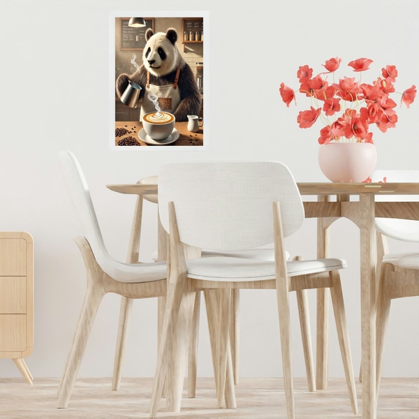 Quadro Decorativo Panda Fazendo Café 33x24cm Moldura Preta