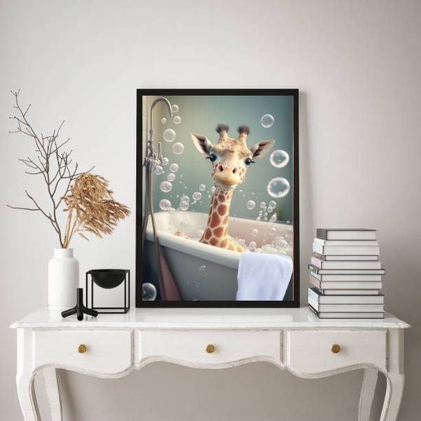 Quadro Decorativo Para Banheiro- Girafinha 33x24cm - Com Vidr
