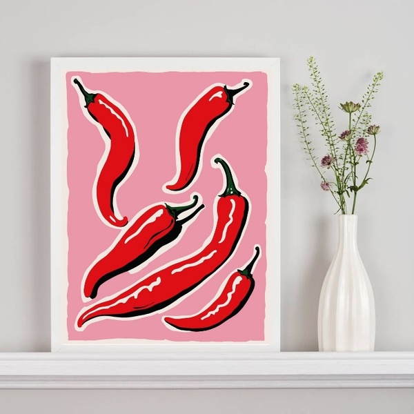 Quadro Decorativo Para Cozinha Pimentas 24x18cm Moldura Branca