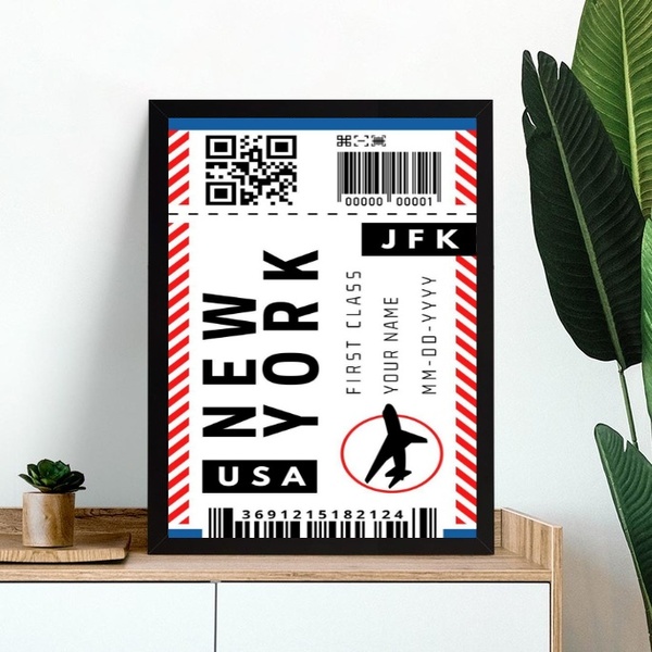 Quadro Decorativo Passagem Para Nova York 33x24cm - Com Vidro