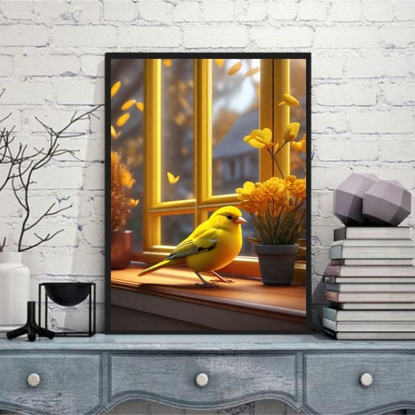 Quadro Decorativo Passarinho Amarelo 24x18cm Moldura Branca