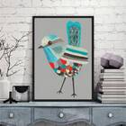 Quadro Decorativo Passarinho Colorido Fundo Cinza 45x34cm A3