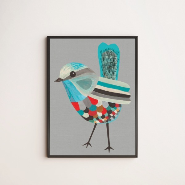 Quadro Decorativo Passarinho Colorido Fundo Cinza 45x34cm A3