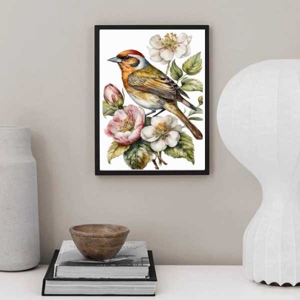 Quadro Decorativo Passarinho E Flores 33x24cm - Com Vidro Mol