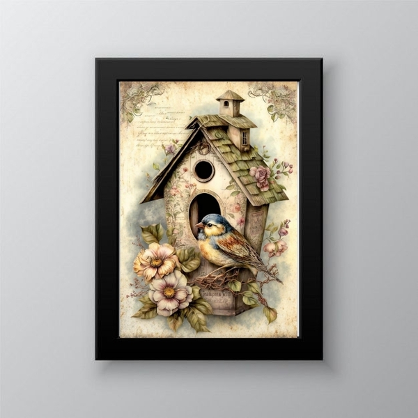 Quadro Decorativo Passarinho Retrô vintage 45x34cm - Com Vidr