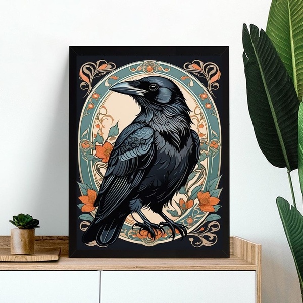 Quadro Decorativo Pássaro Corvo 45x34cm - Com Vidro Moldura P