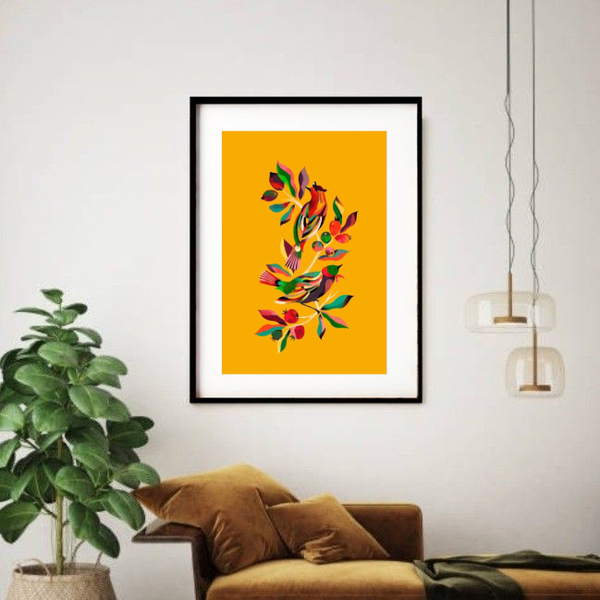 Quadro Decorativo Pássaros  E Frutas - 60x48cm Moldura:madeir