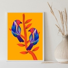 Quadro Decorativo Pássaros Amarelo e azul 24x18cm - Com Vidro