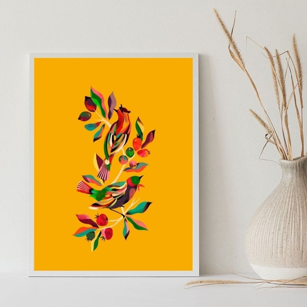 Quadro Decorativo Pássaros Colorido amarelo 33x24cm Moldura:m