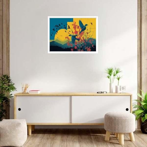Quadro Decorativo Pássaros Flores Abstrato  - 50x70cm Moldura