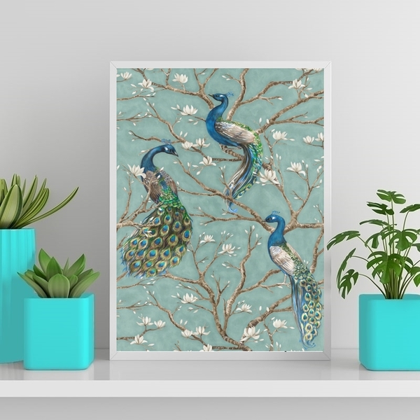 Quadro Decorativo Pavões Vintage 24x18cm - Com Vidro Moldura: