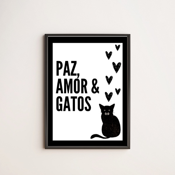 Quadro Decorativo Paz Amor E Gatos 45x34cm Moldura:madeira Br