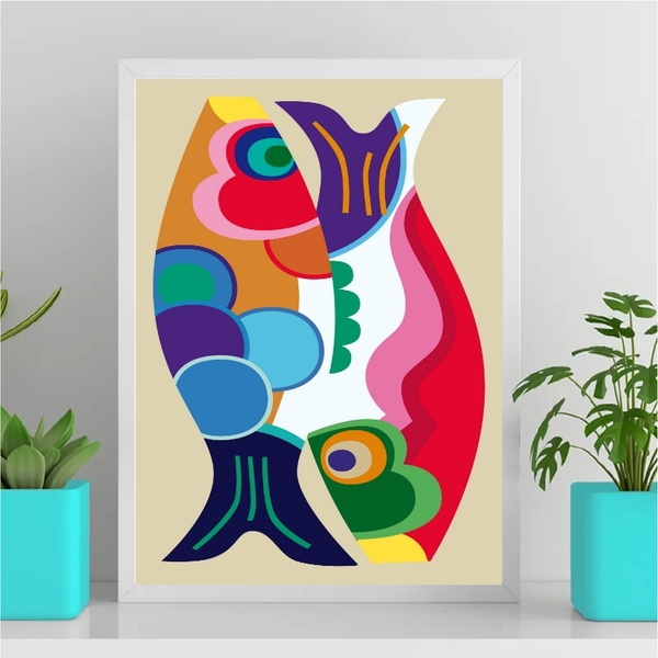 Quadro Decorativo Peixes Abstratos Coloridos 24x18cm - Com Vi